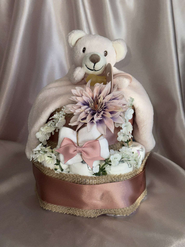 Floral Pink Bear Small Nappy Cake
