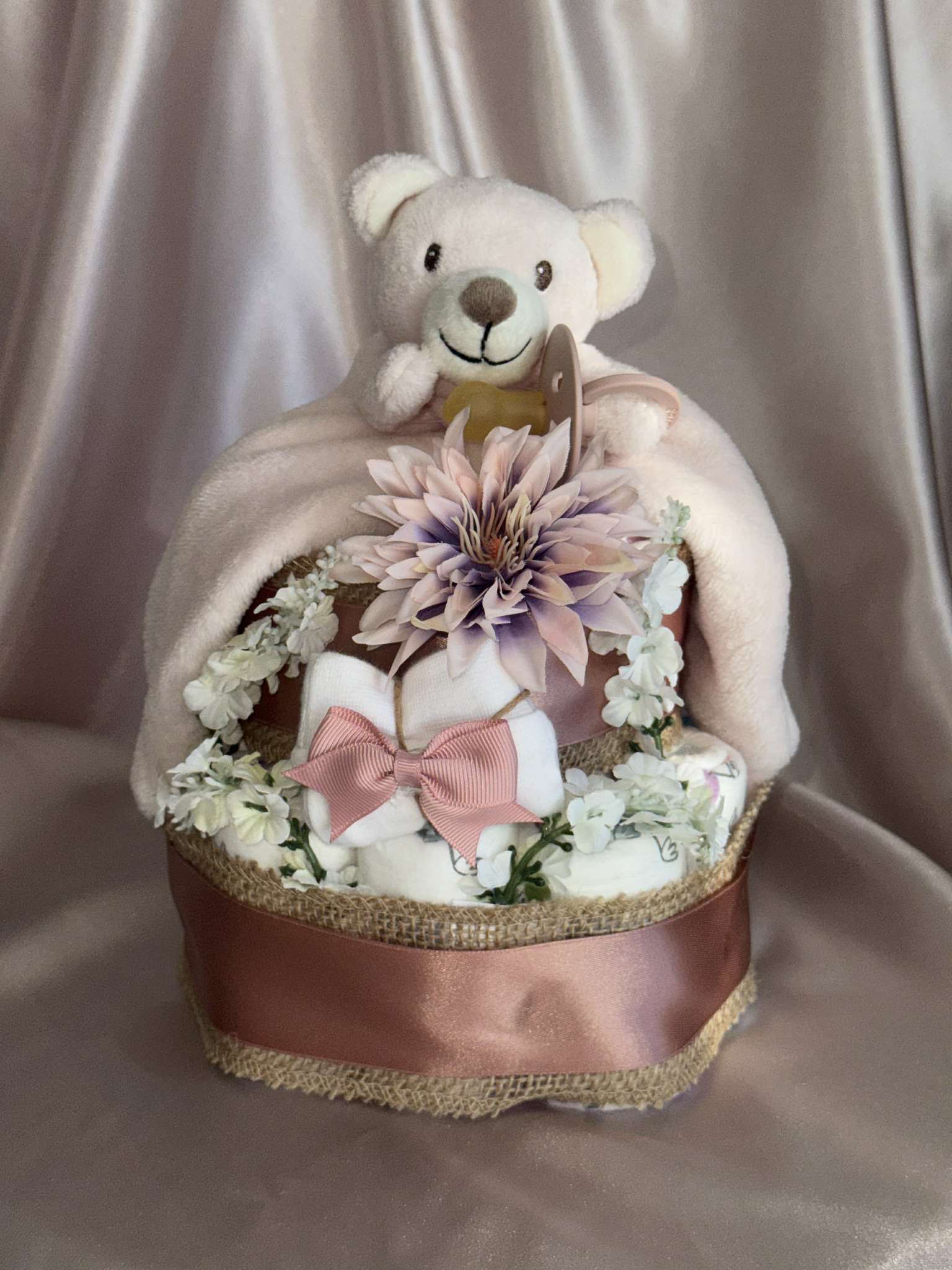 Floral Pink Bear Small Nappy Cake