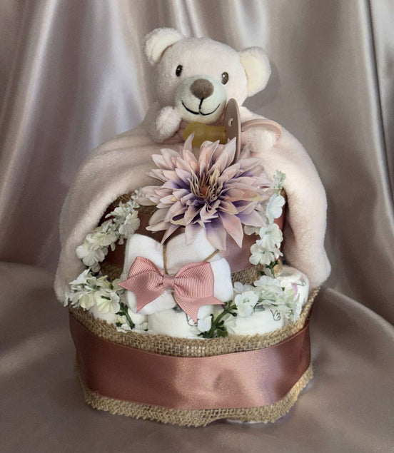 Floral Pink Bear Small Nappy Cake