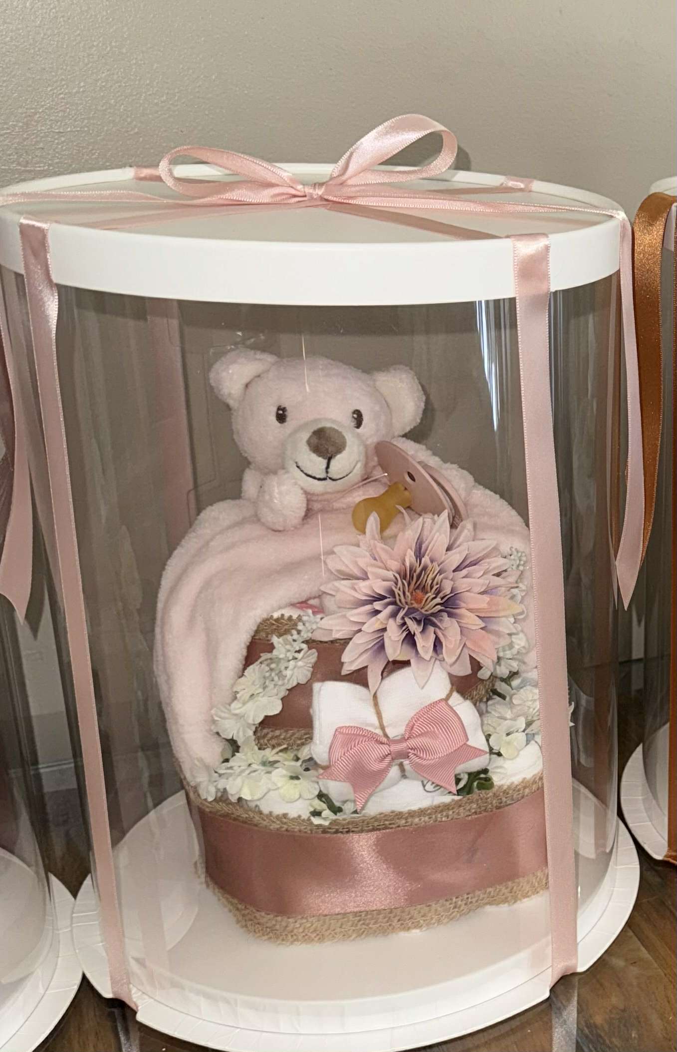 Floral Pink Bear Small Nappy Cake