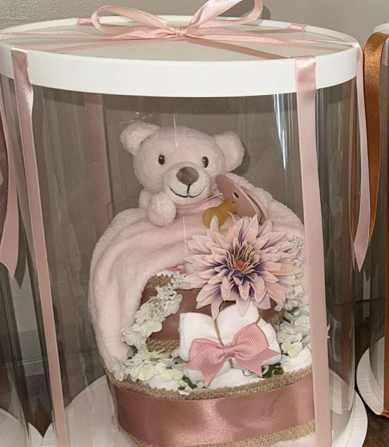 Floral Pink Bear Small Nappy Cake